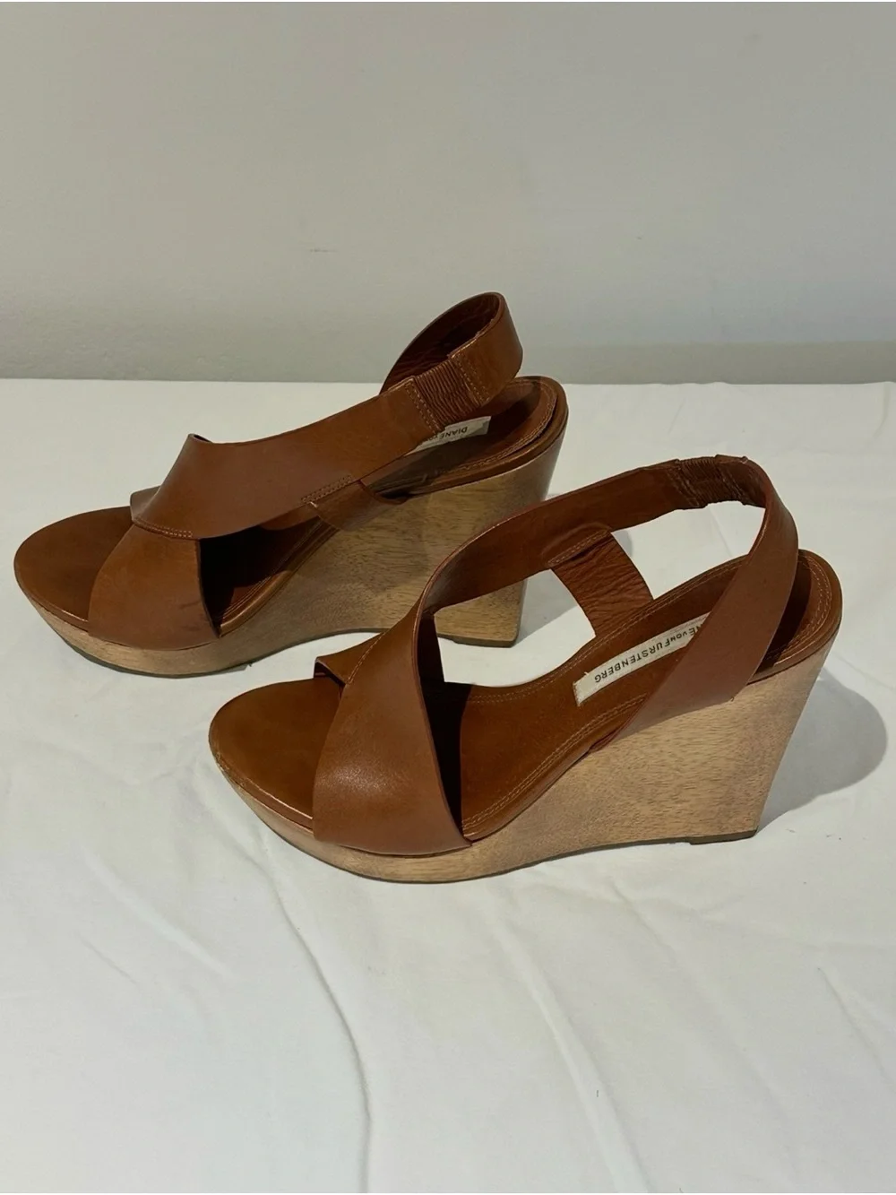 Diane Von Furstenberg Cognac Leather Wedge Sandals